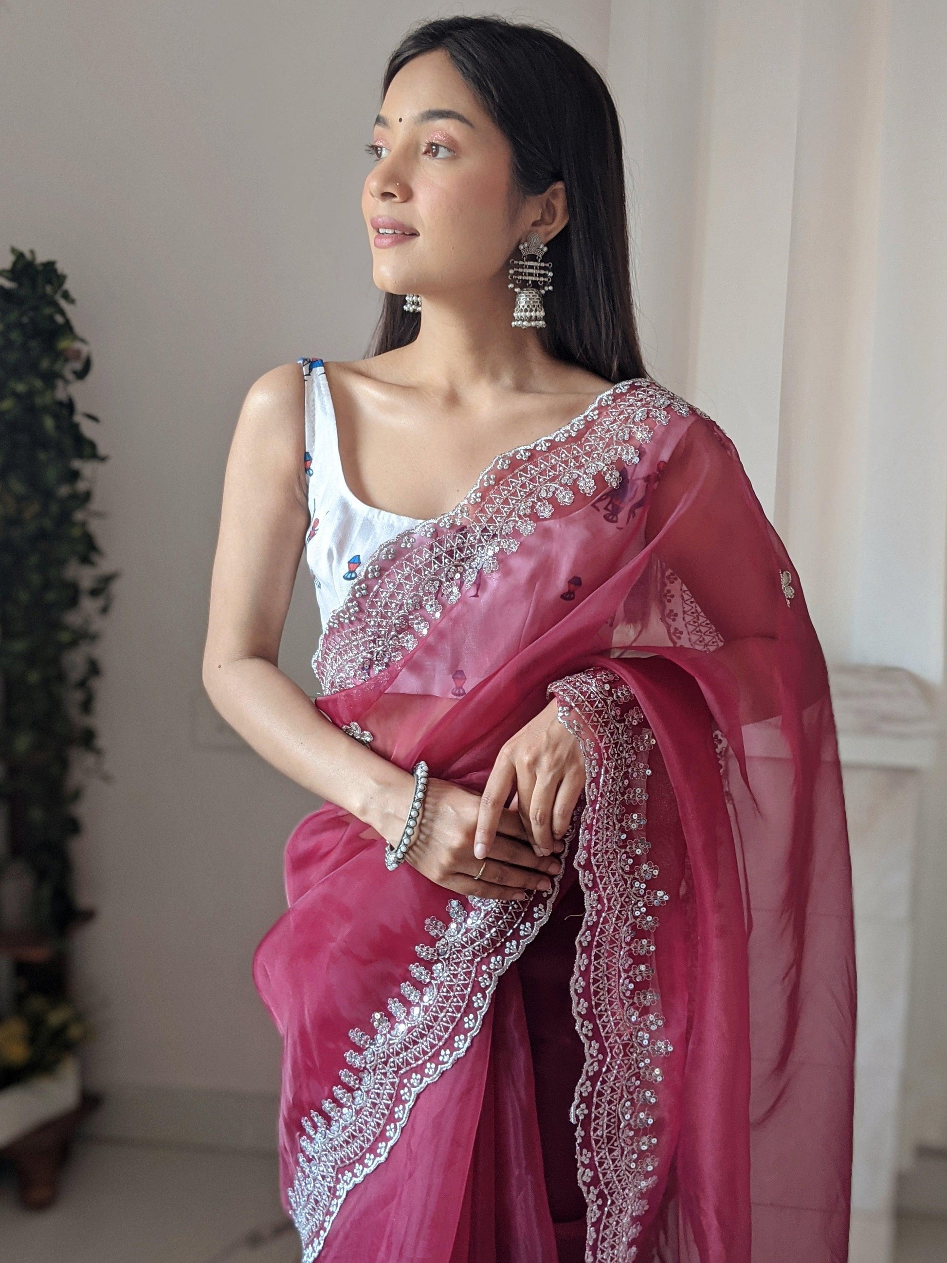 Orgenza Dark Wine Color Pure Heavy Organza Silk And Silver Embroidery Work With Contrast Blouse - Orgenza Store