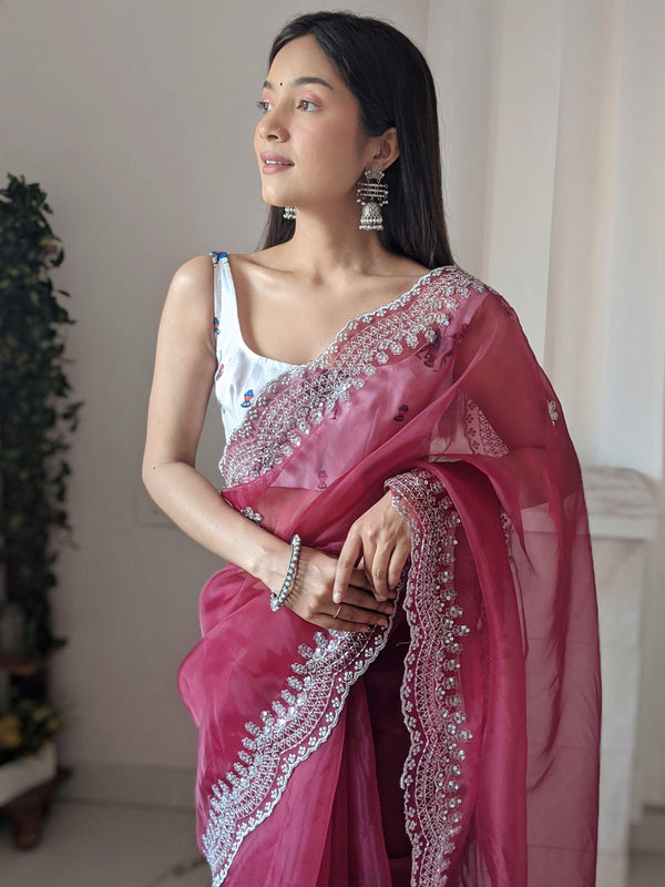 Contrast Saree Blouse Combination Online | Barfi Silk Saree Wine Colour