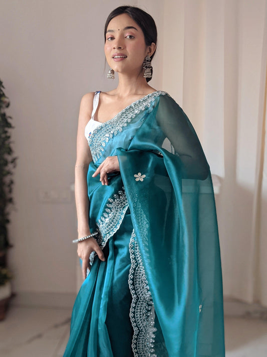 Orgenza Dark Green Color Pure Heavy Organza Silk And Silver Embroidery Work With Contrast Blouse - Orgenza Store