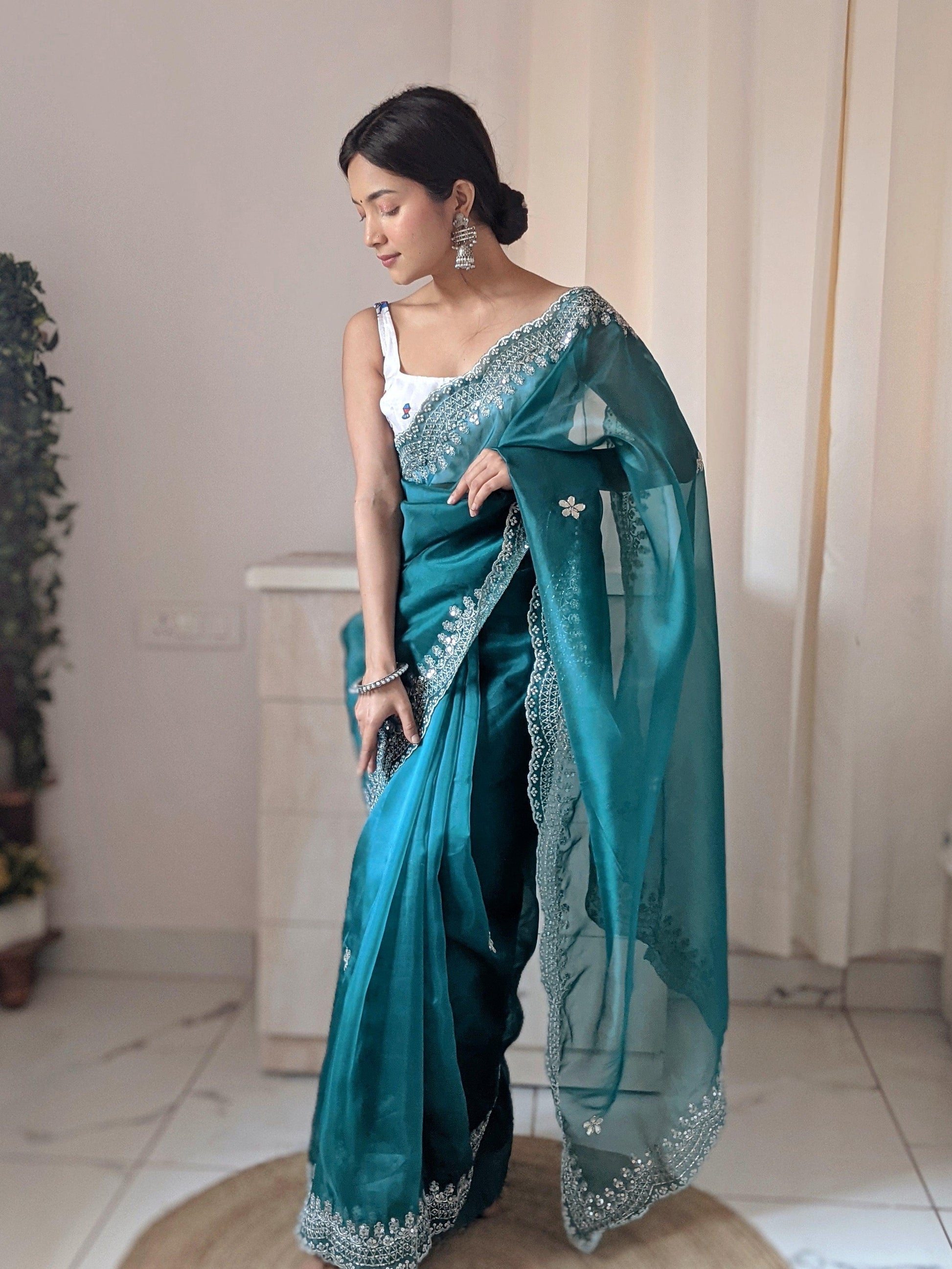 Orgenza Dark Green Color Pure Heavy Organza Silk And Silver Embroidery Work With Contrast Blouse - Orgenza Store