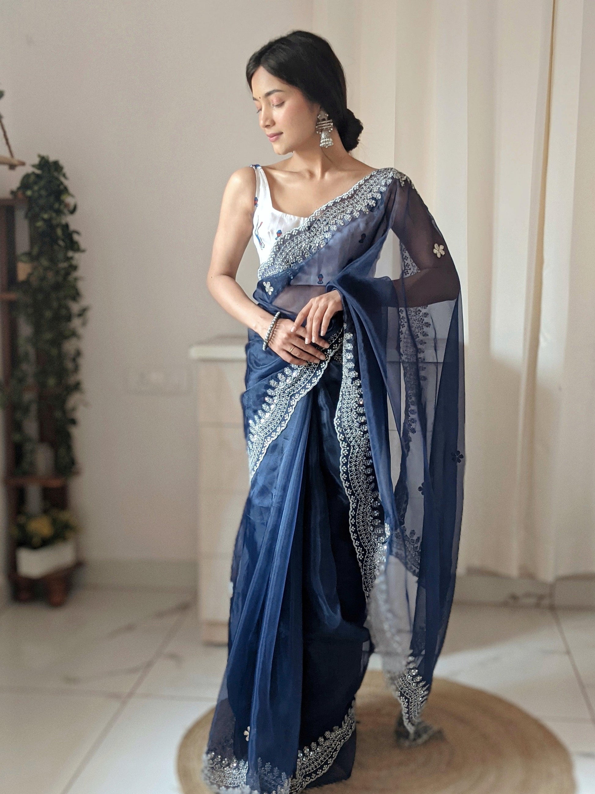Orgenza Dark Blue Color Pure Heavy Organza Silk And Silver Embroidery Work With Contrast Blouse - Orgenza Store