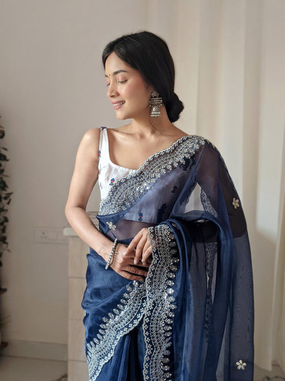 Orgenza Dark Blue Color Pure Heavy Organza Silk And Silver Embroidery Work With Contrast Blouse - Orgenza Store