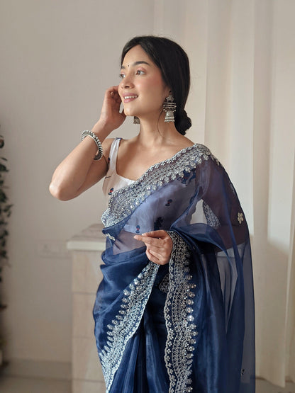 Orgenza Dark Blue Color Pure Heavy Organza Silk And Silver Embroidery Work With Contrast Blouse - Orgenza Store