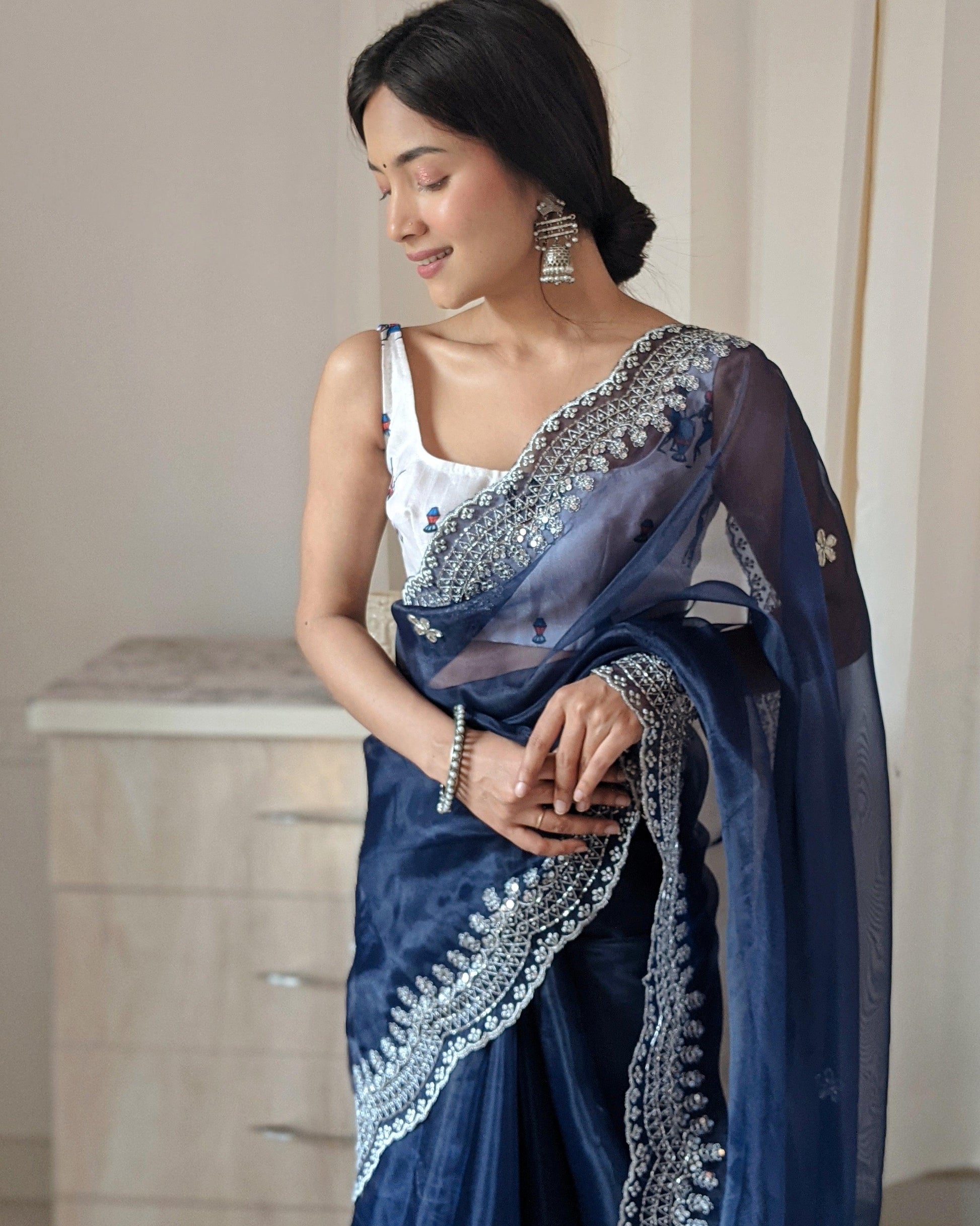 Orgenza Dark Blue Color Pure Heavy Organza Silk And Silver Embroidery Work With Contrast Blouse - Orgenza Store