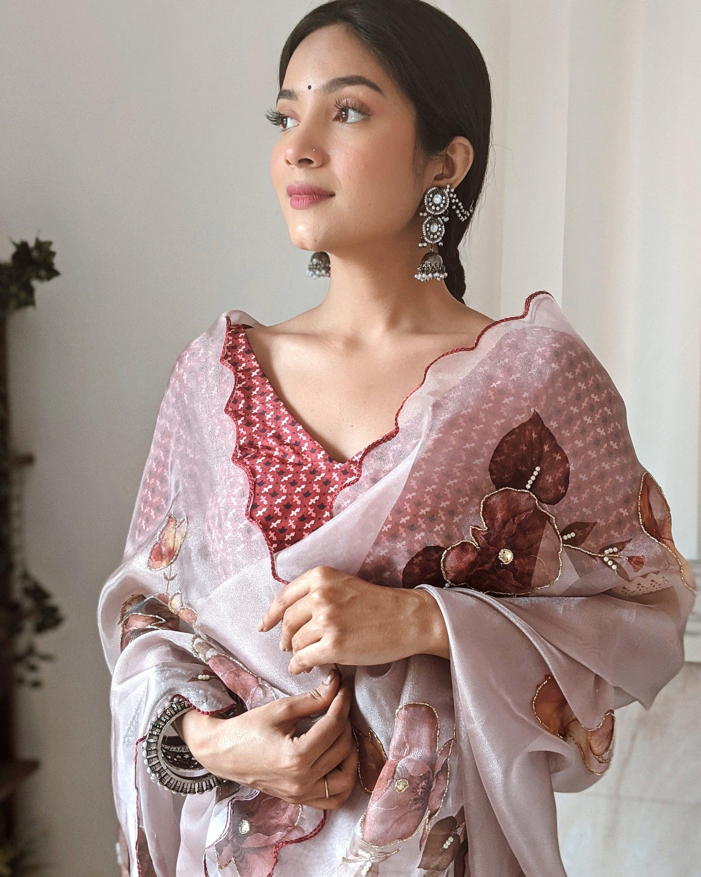 Orgenza ||  Ligth Coffee Color Printed Pure Organza Silk Saree Hand Work All Over Saree With Blouse - Orgenza Store