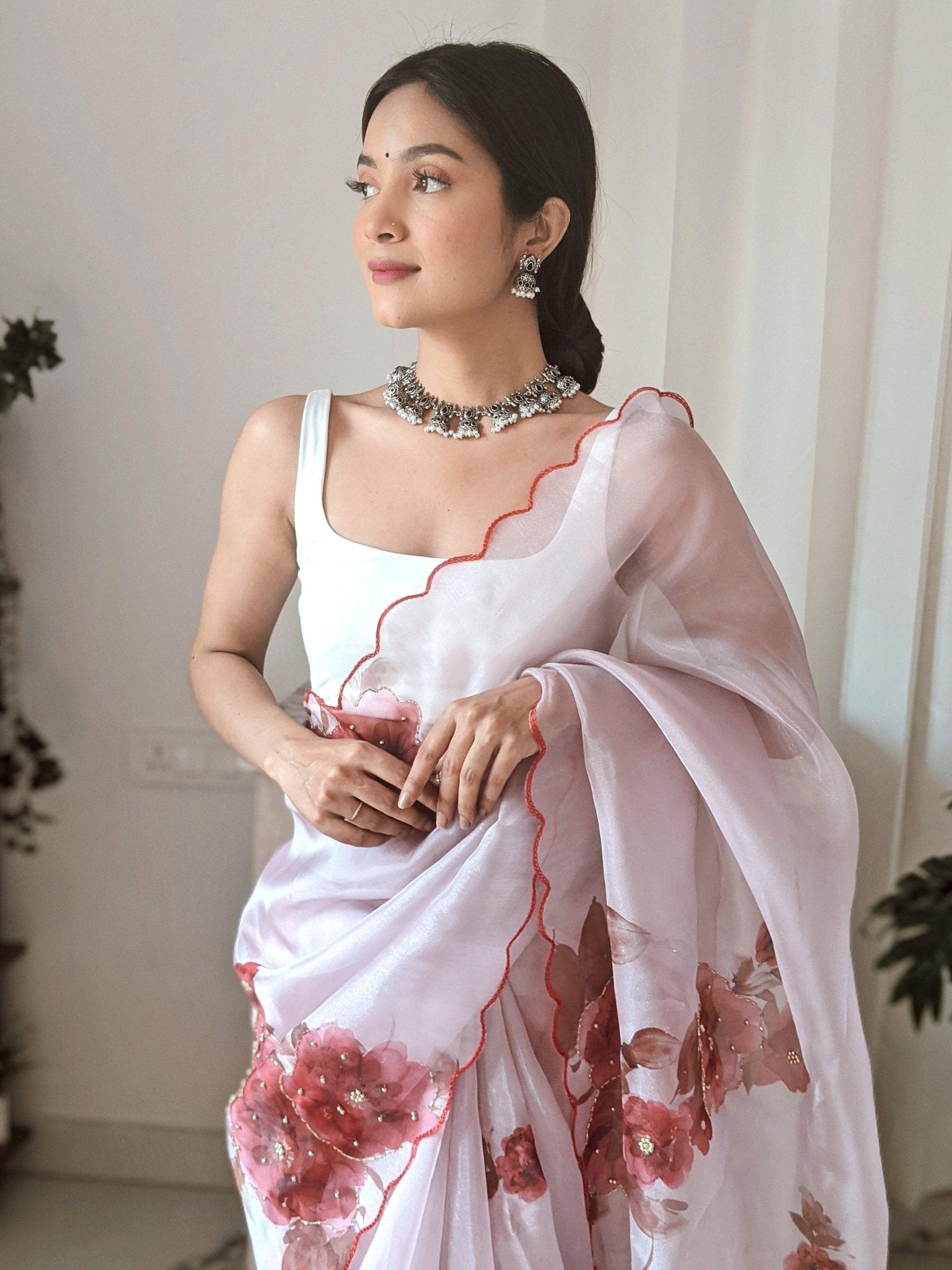 Orgenza Onion Color Pure Organza Silk And Stone Work And Printed Flower Saree With White Blouse - Orgenza Store