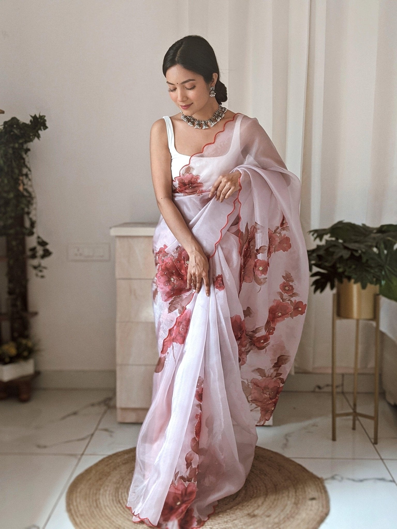 Orgenza Onion Color Pure Organza Silk And Stone Work And Printed Flower Saree With White Blouse - Orgenza Store - digisoch