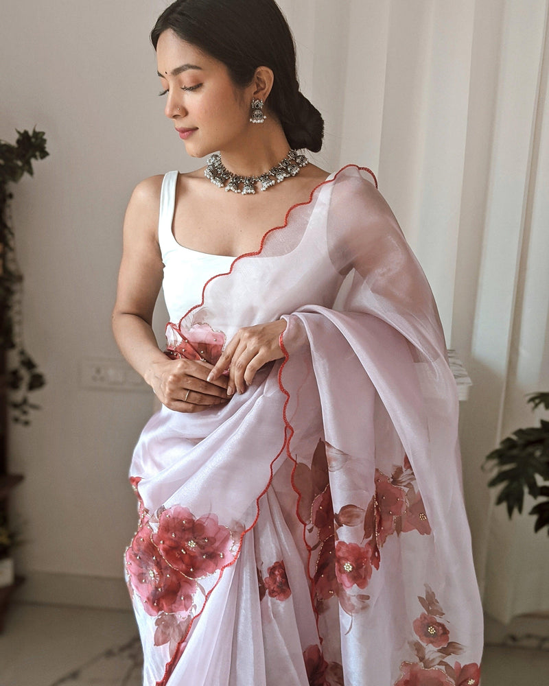 Orgenza Onion Color Pure Organza Silk And Stone Work And Printed Flower Saree With White Blouse - Orgenza Store