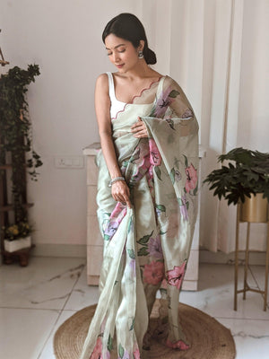 Orgenza || Multi Green Color Pure Organza Silk And Stone Work And Printed Flower Saree With Contrast Blouse - Orgenza Store - digisoch