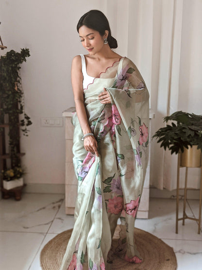 Orgenza || Multi Green Color Pure Organza Silk And Stone Work And Printed Flower Saree With Contrast Blouse - Orgenza Store