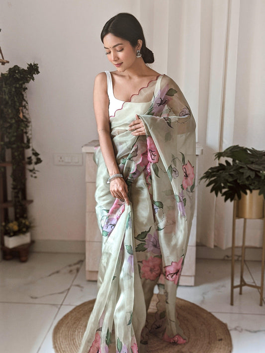 Orgenza || Multi Green Color Pure Organza Silk And Stone Work And Printed Flower Saree With Contrast Blouse - Orgenza Store