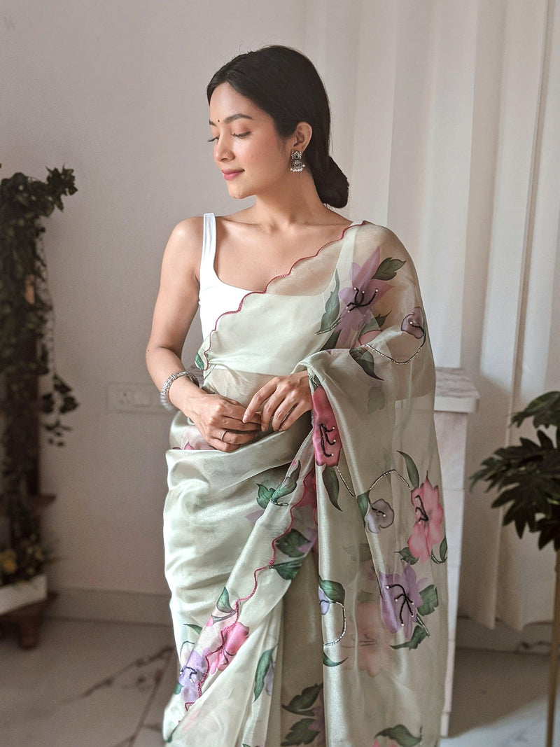 Orgenza || Multi Green Color Pure Organza Silk And Stone Work And Printed Flower Saree With Contrast Blouse - Orgenza Store