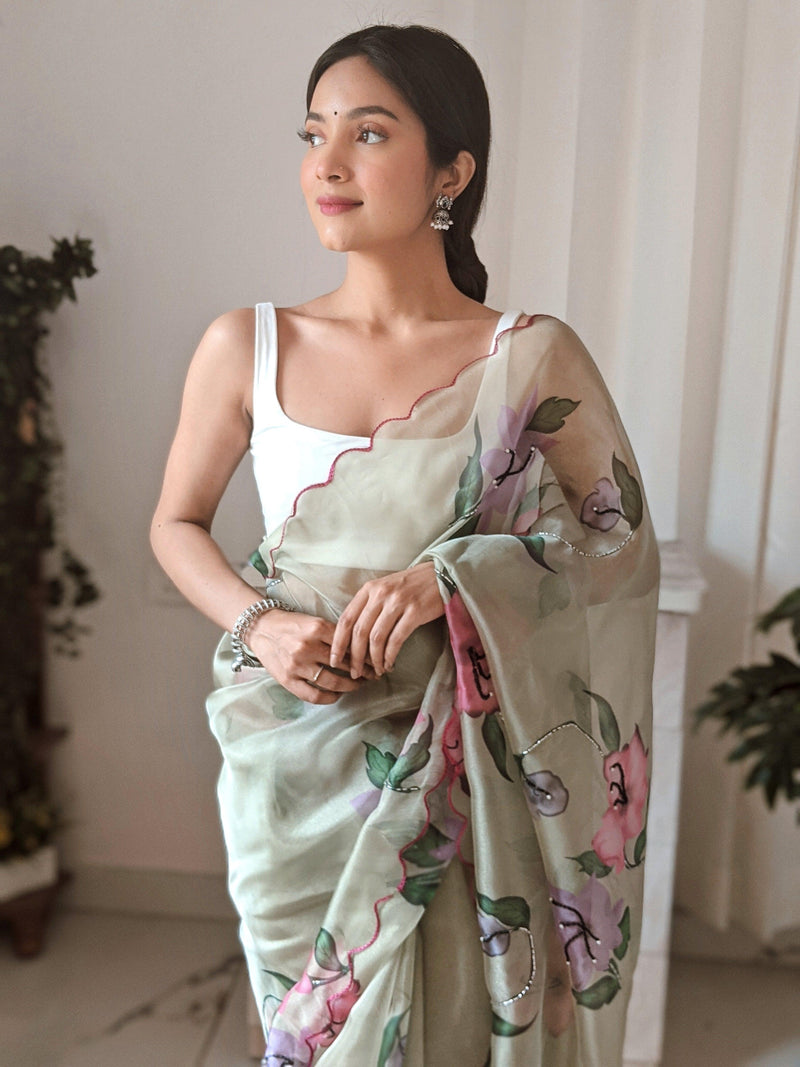 Orgenza || Multi Green Color Pure Organza Silk And Stone Work And Printed Flower Saree With Contrast Blouse - Orgenza Store