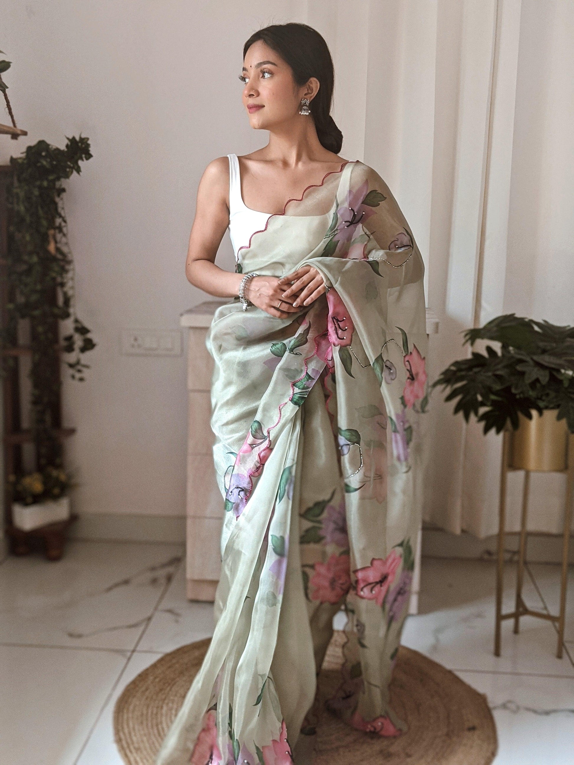 Orgenza || Multi Green Color Pure Organza Silk And Stone Work And Printed Flower Saree With Contrast Blouse - Orgenza Store