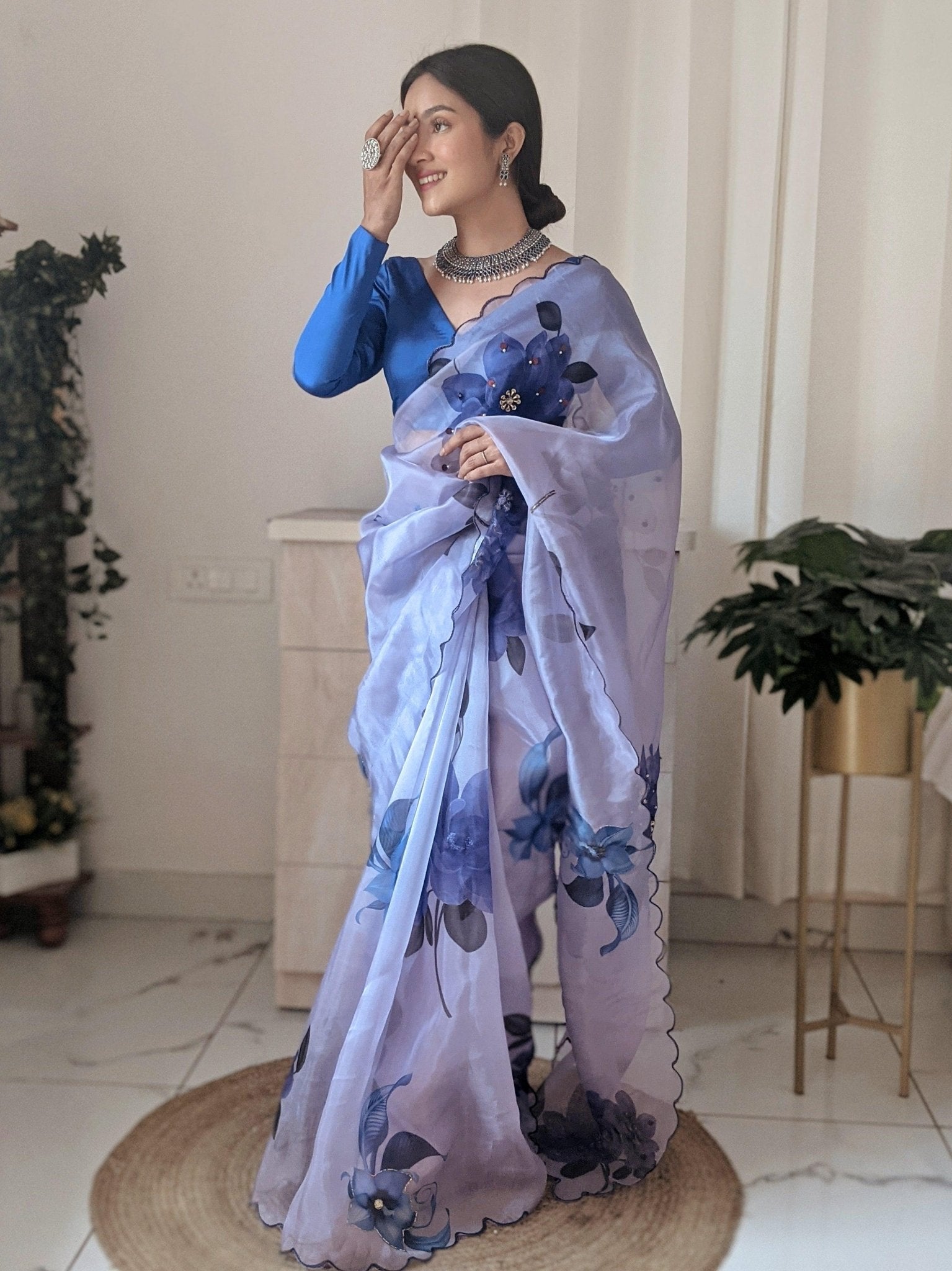 Orgenza Sky Purple Color Pure Organza Silk And Stone Work And Printed Flower Saree With Contrast Blouse - Orgenza Store