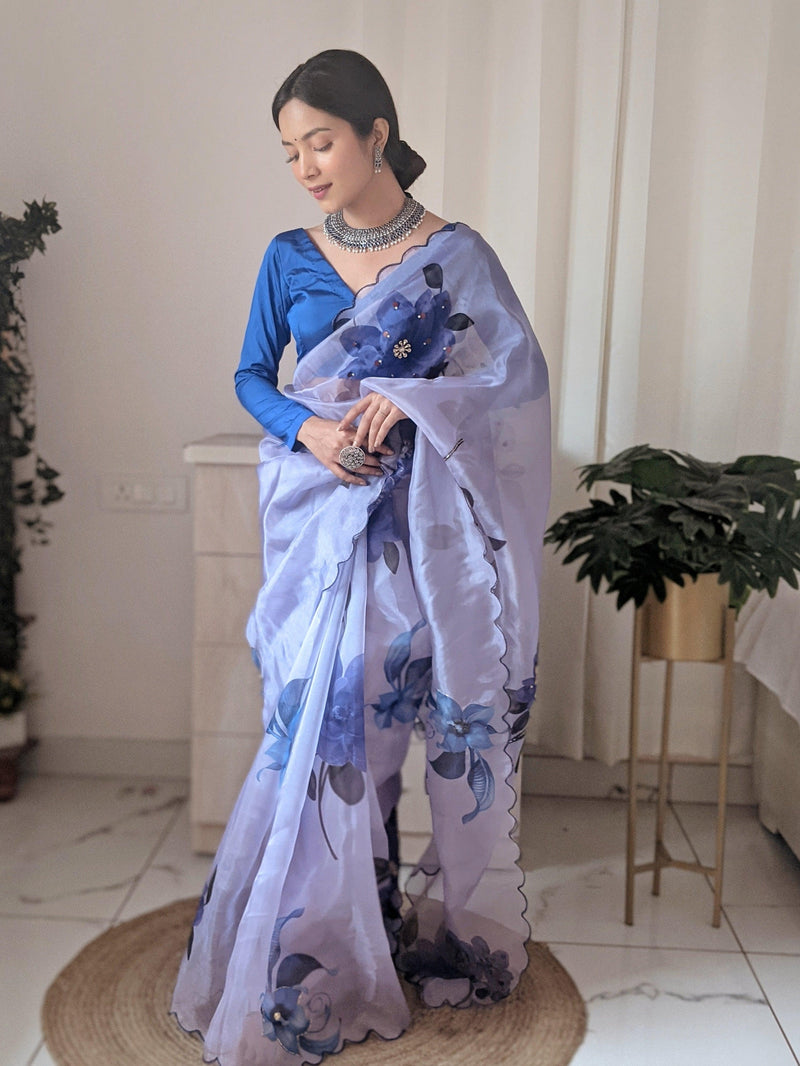 Orgenza Sky Purple Color Pure Organza Silk And Stone Work And Printed Flower Saree With Contrast Blouse - Orgenza Store