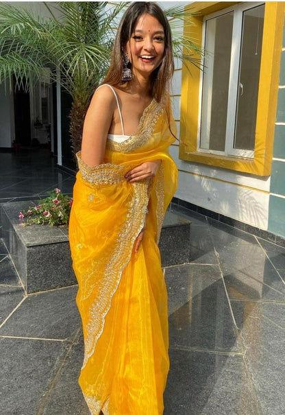 Orgenza  Dark Yellow Color Pure Heavy Organza Silk And Silver Embroidery Work With Contrast Blouse - Orgenza Store