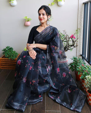 Orgenza Navy blue Color Pure Organza Silk Saree And  Grey Codding Sequence Work - Orgenza Store