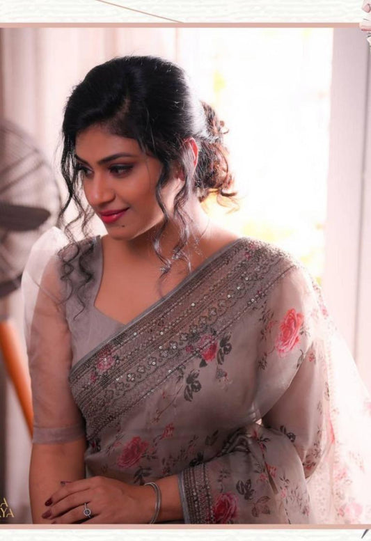 Orgenza Grey Color Pure Organza Silk Saree And  Grey Codding Sequence Work - Orgenza Store