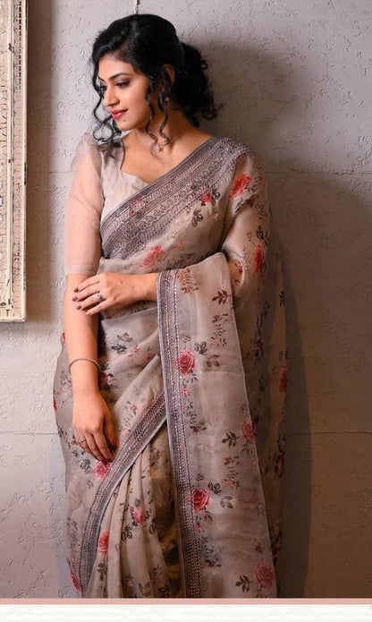 Orgenza Grey Color Pure Organza Silk Saree And  Grey Codding Sequence Work - Orgenza Store