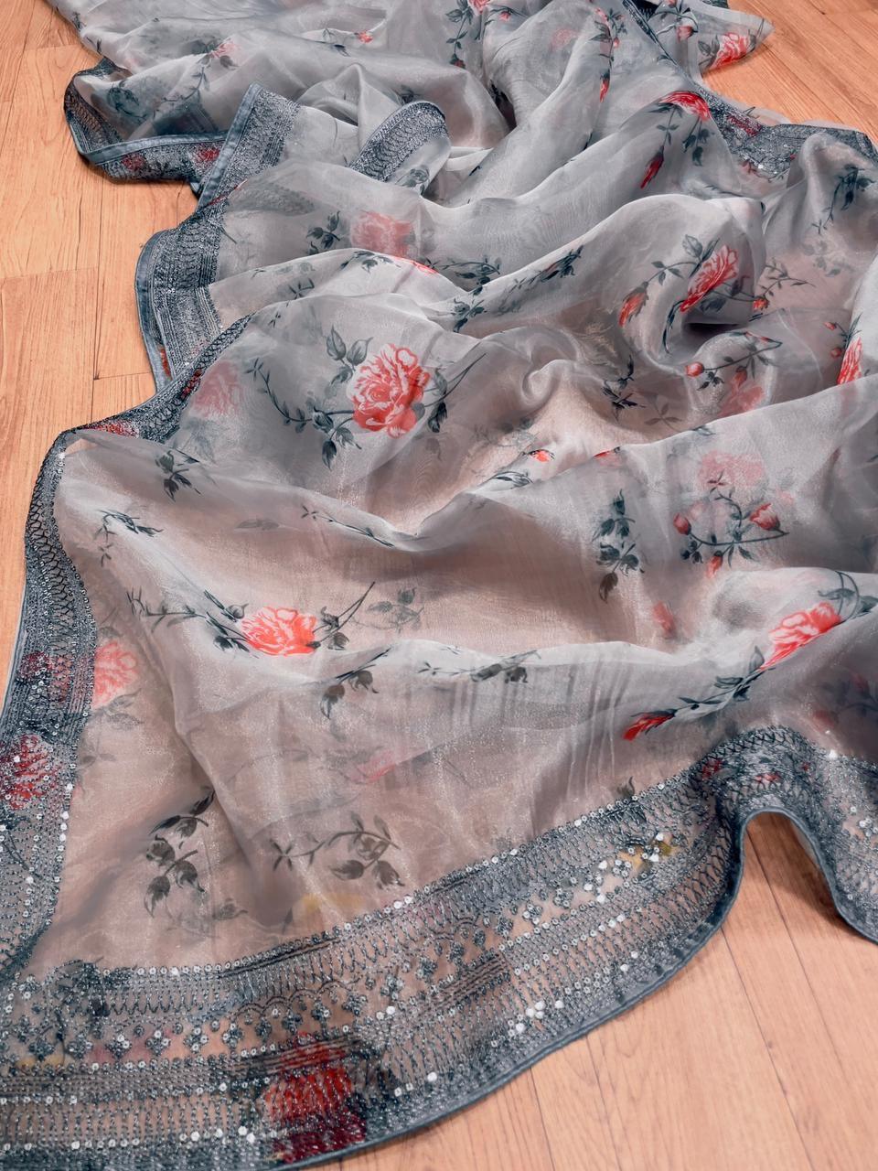 Orgenza Grey Color Pure Organza Silk Saree And  Grey Codding Sequence Work - Orgenza Store
