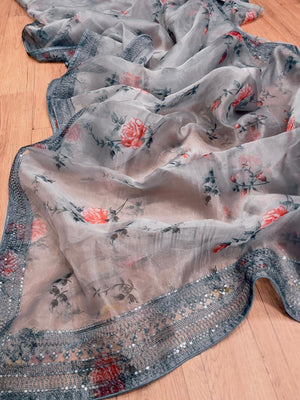 Orgenza Grey Color Pure Organza Silk Saree And Grey Codding Sequence Work - Orgenza Store - digisoch