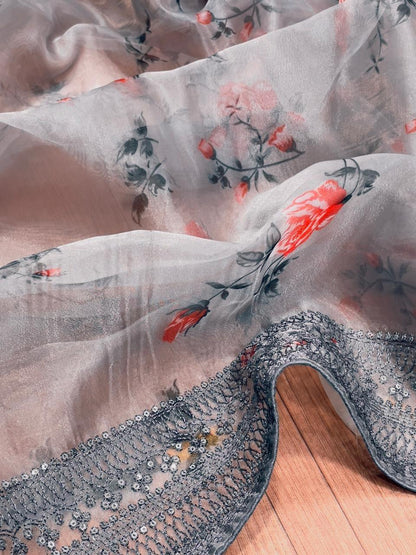 Orgenza Grey Color Pure Organza Silk Saree And  Grey Codding Sequence Work - Orgenza Store