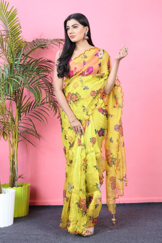 Orgenza || Mk Hit Lemon Color Pure Organza Silk Saree With Cutwork Border Saree With Blouse - Orgenza Store