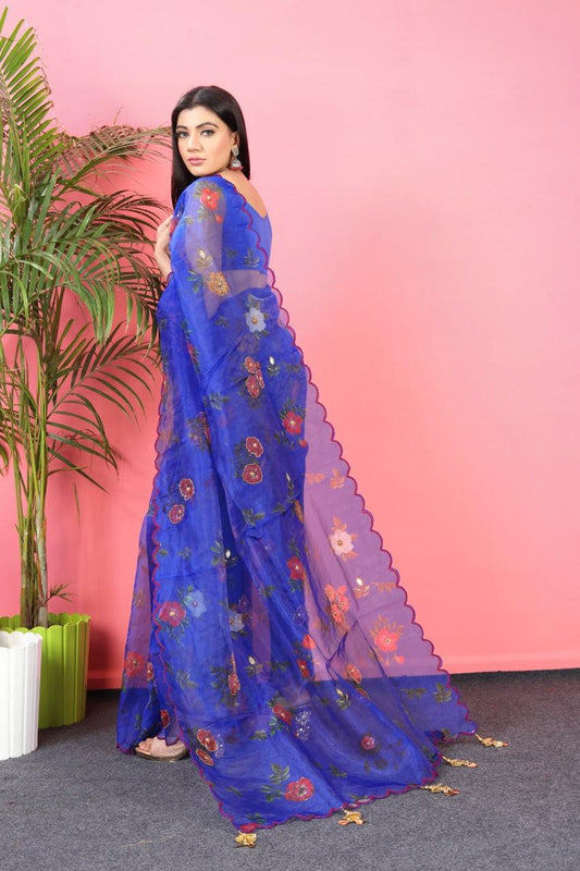 Orgenza || Mk Hit Blue Color Pure Organza Silk Saree With Cutwork Border Saree With Blouse - Orgenza Store