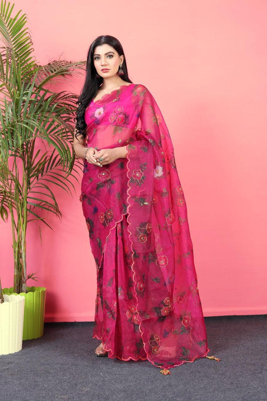Orgenza || Mk Hit Pink Color Pure Organza Silk Saree With Cutwork Border Saree With Blouse - Orgenza Store