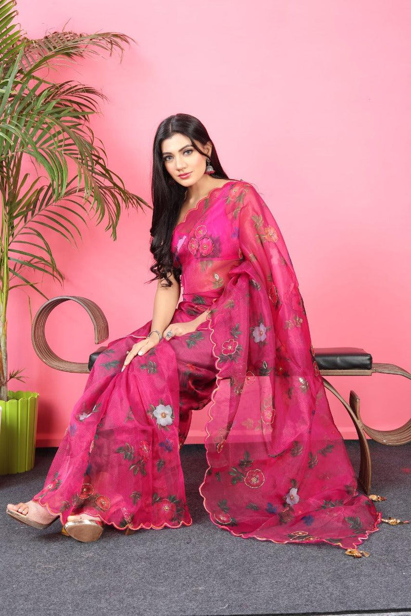 Orgenza || Mk Hit Pink Color Pure Organza Silk Saree With Cutwork Border Saree With Blouse - Orgenza Store