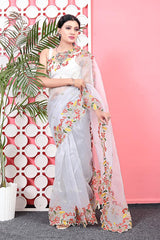 Orgenza || MK White Color Pure Organza Silk And Embroidery Work Saree With Contrast Blouse - Orgenza Store