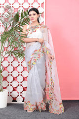 Orgenza || MK White Color Pure Organza Silk And Embroidery Work Saree With Contrast Blouse - Orgenza Store