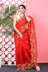 Orgenza || MK Red Color Pure Organza Silk And Embroidery Work Saree With Contrast Blouse - Orgenza Store