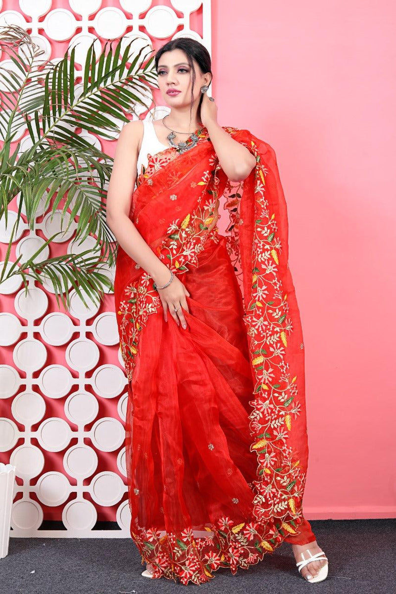 Red Color Silk Base Saree With Contrast Blouse