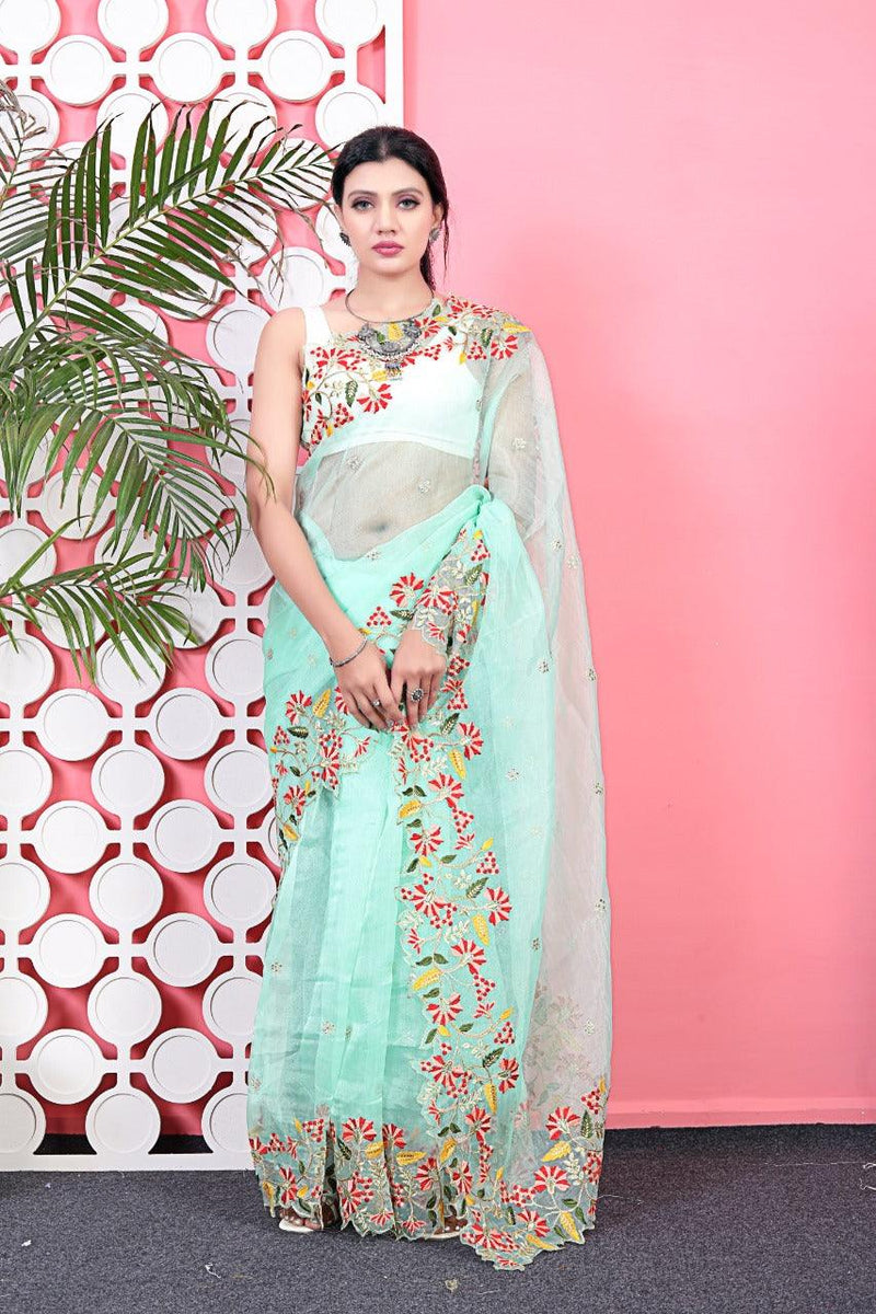 Orgenza || MK Teal Color Pure Organza Silk And Embroidery Work Saree With Contrast Blouse - Orgenza Store