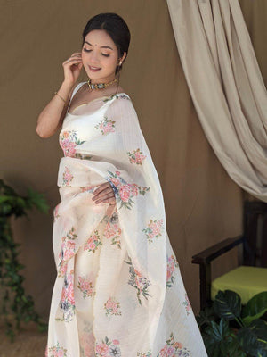 Orgenza || Off White Colour Digital Printed And Handwork Pure Organza Silk Saree With Blouse - Orgenza Store