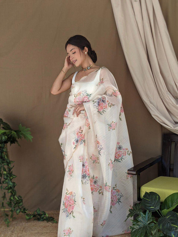 Orgenza || Off White Colour Digital Printed And Handwork Pure Organza Silk Saree With Blouse - Orgenza Store