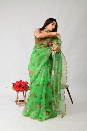 Orgenza | Green Color Flower Printed And Handwork Design Organza Silk Saree With Blouse - Orgenza Store