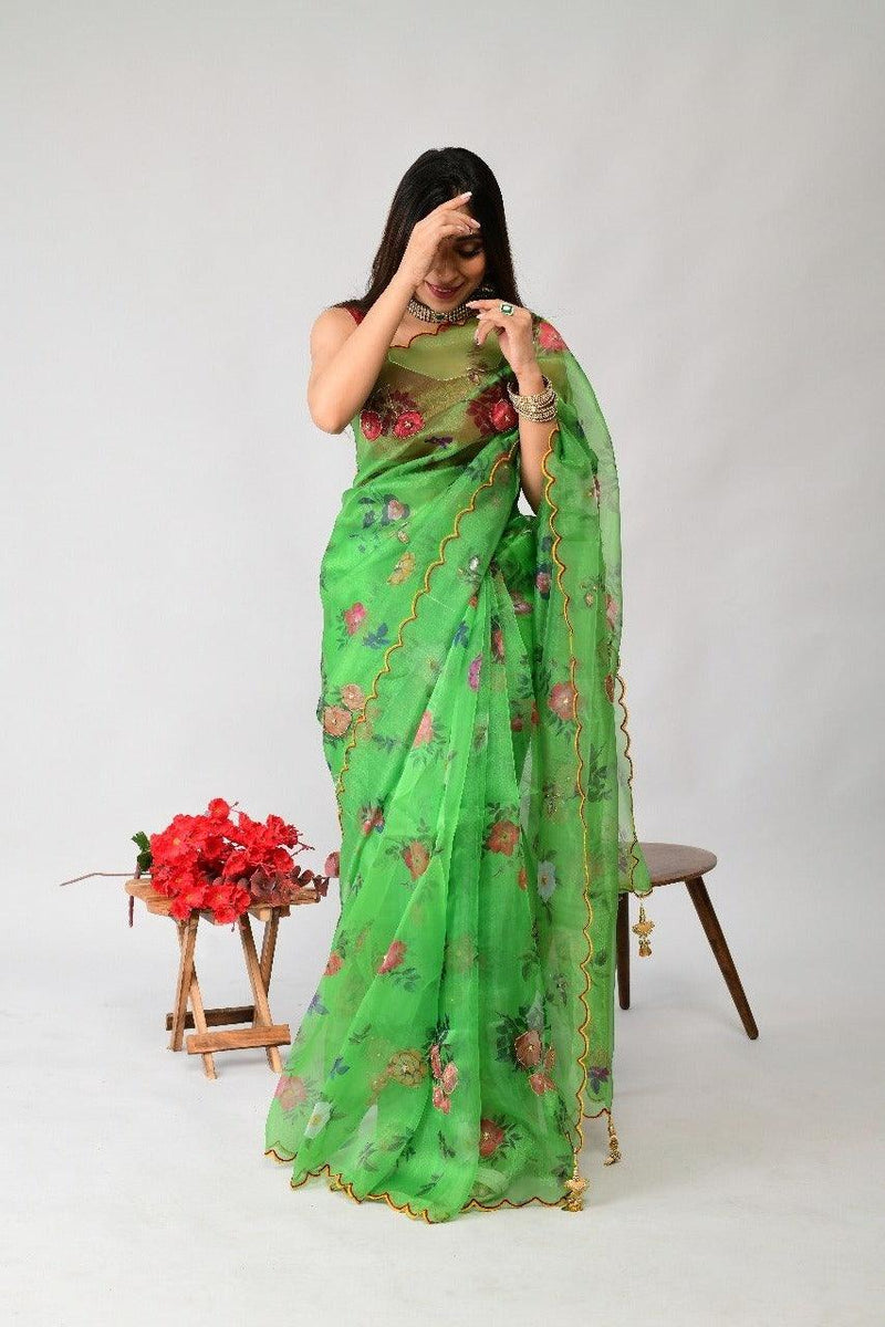 Orgenza | Green Color Flower Printed And Handwork Design Organza Silk Saree With Blouse - Orgenza Store
