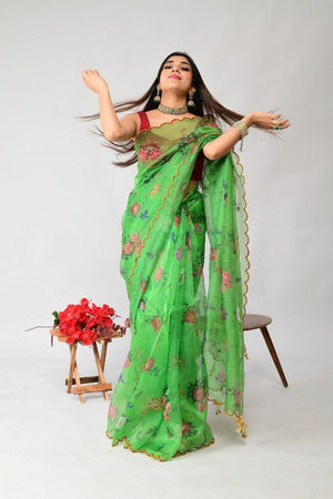 Orgenza | Green Color Flower Printed And Handwork Design Organza Silk Saree With Blouse - Orgenza Store
