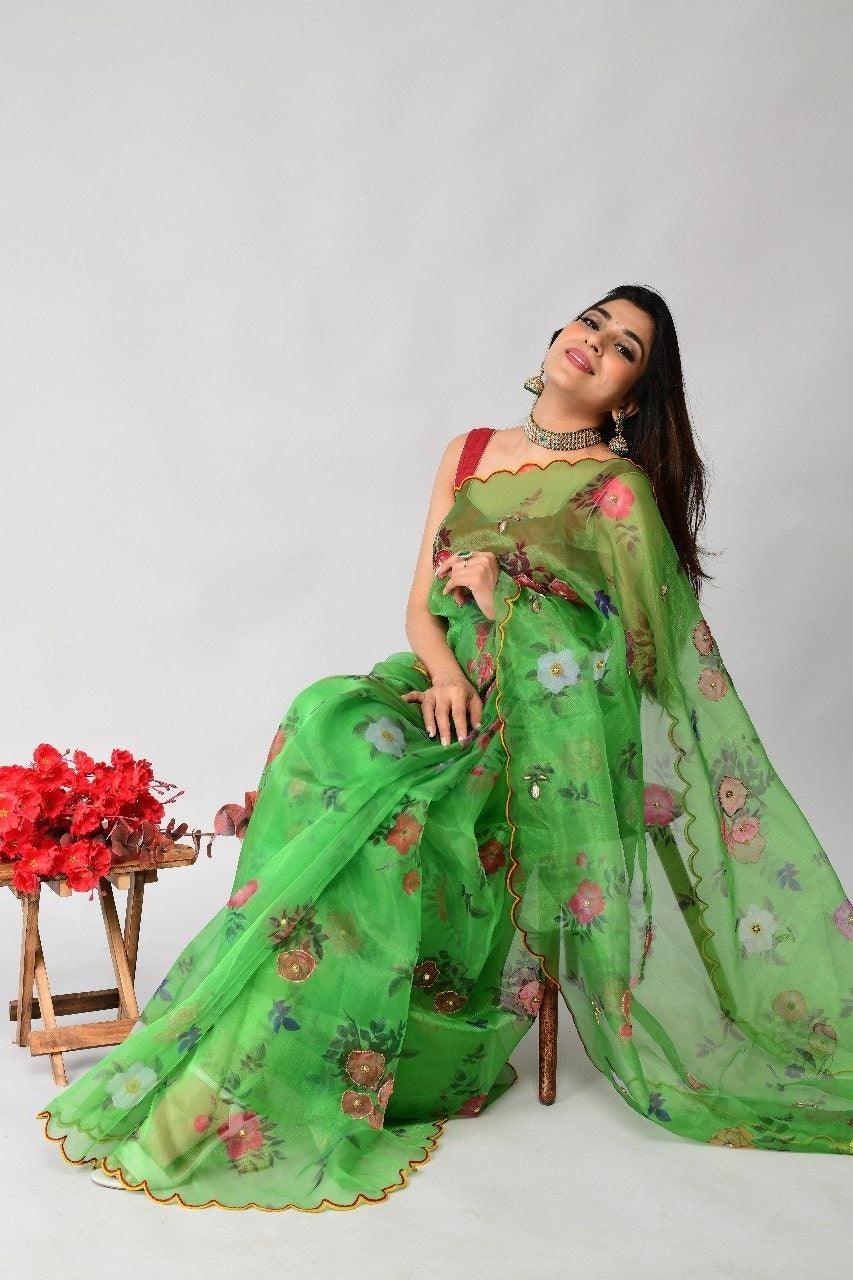 Orgenza | Green Color Flower Printed And Handwork Design Organza Silk Saree With Blouse - Orgenza Store