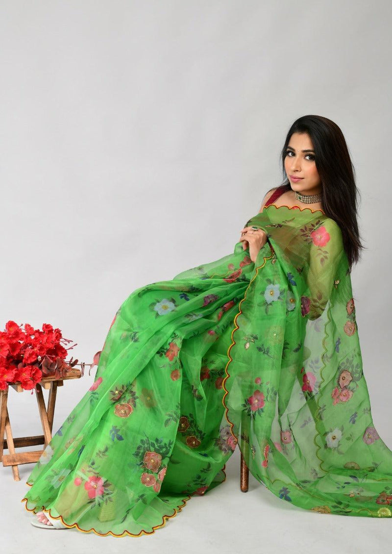 Orgenza | Green Color Flower Printed And Handwork Design Organza Silk Saree With Blouse - Orgenza Store