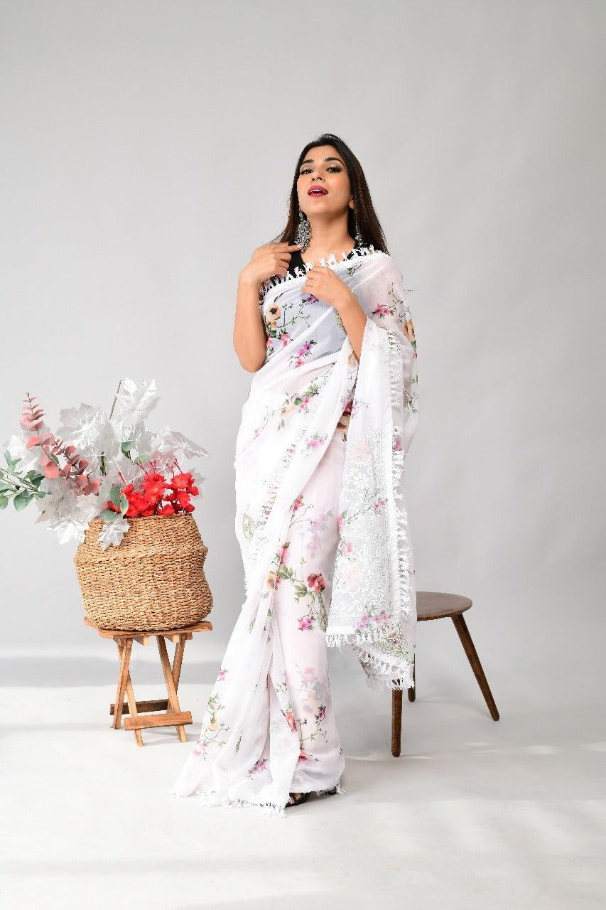 Orgenza | White Color Georgette Soft Silk Printed And GPO Lace All Over Saree With Contrast Blouse - Orgenza Store