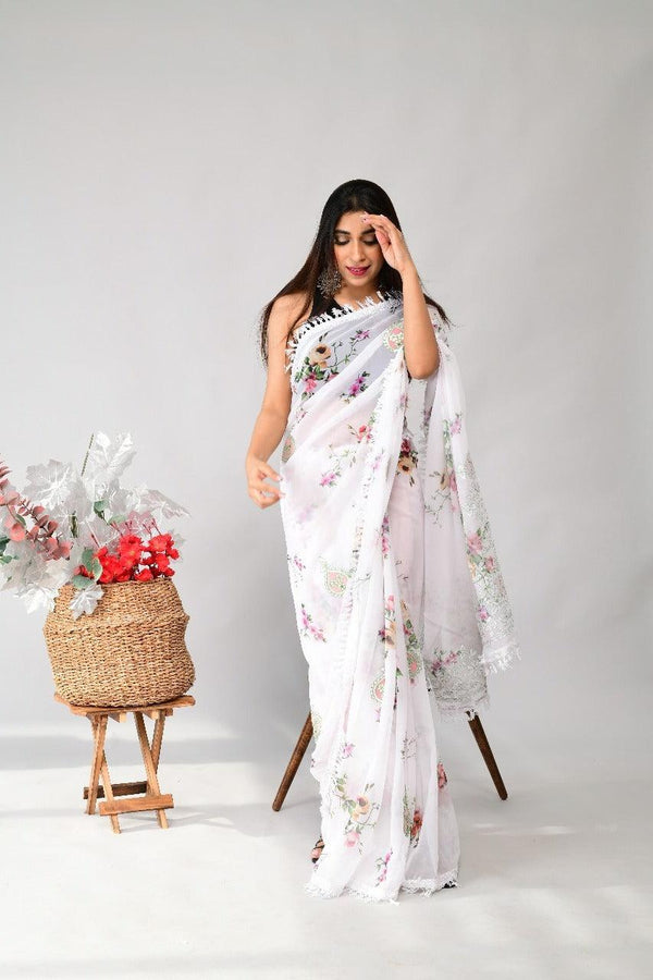 Orgenza | White Color Georgette Soft Silk Printed And GPO Lace All Over Saree With Contrast Blouse - Orgenza Store