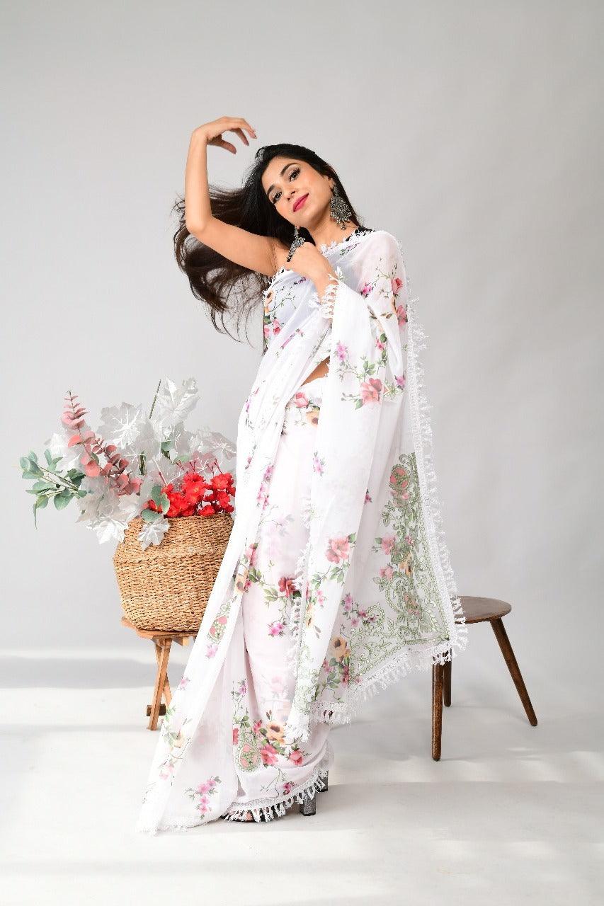 Orgenza | White Color Georgette Soft Silk Printed And GPO Lace All Over Saree With Contrast Blouse - Orgenza Store