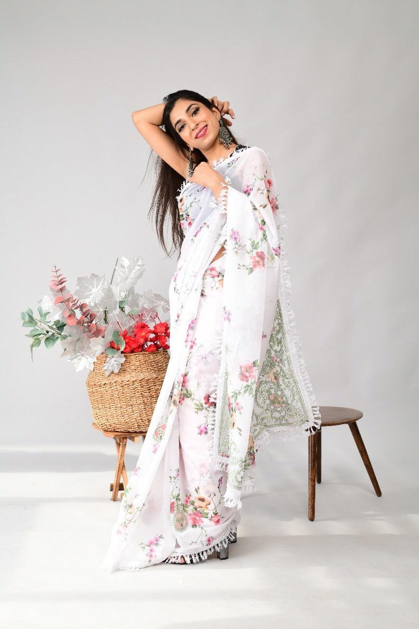 Orgenza | White Color Georgette Soft Silk Printed And GPO Lace All Over Saree With Contrast Blouse - Orgenza Store