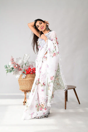 Orgenza | White Color Georgette Soft Silk Printed And GPO Lace All Over Saree With Contrast Blouse - Orgenza Store - digisoch