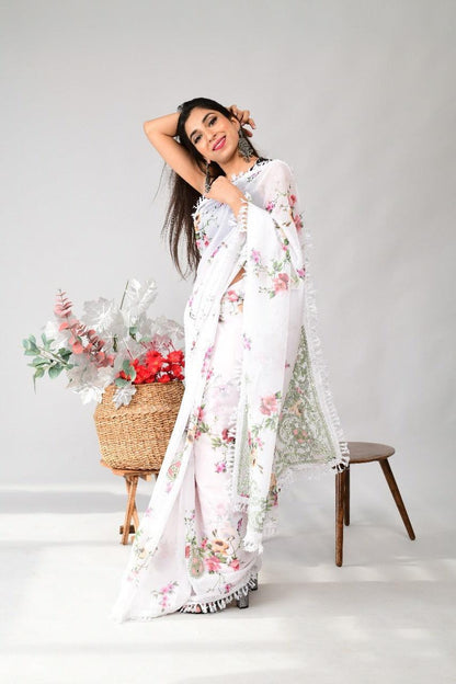 Orgenza | White Color Georgette Soft Silk Printed And GPO Lace All Over Saree With Contrast Blouse - Orgenza Store