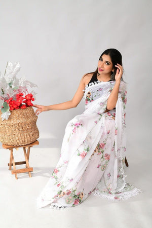 Orgenza | White Color Georgette Soft Silk Printed And GPO Lace All Over Saree With Contrast Blouse - Orgenza Store - digisoch